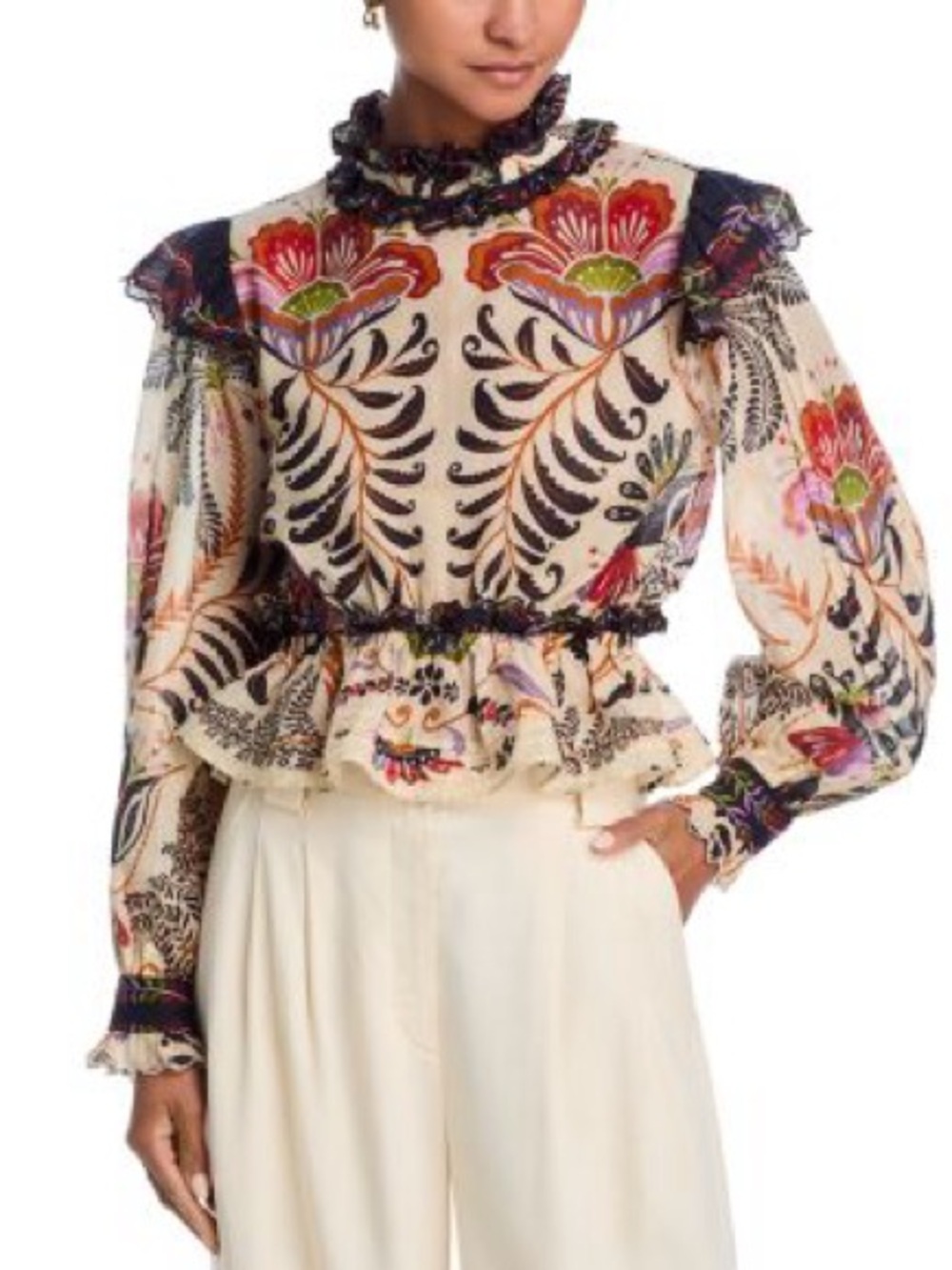 FARM Rio Classic Nature Sand Ruffled Long Sleeve Blouse Size Small